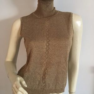 Sleeveless Metallic Gold knit turtleneck top. Petite